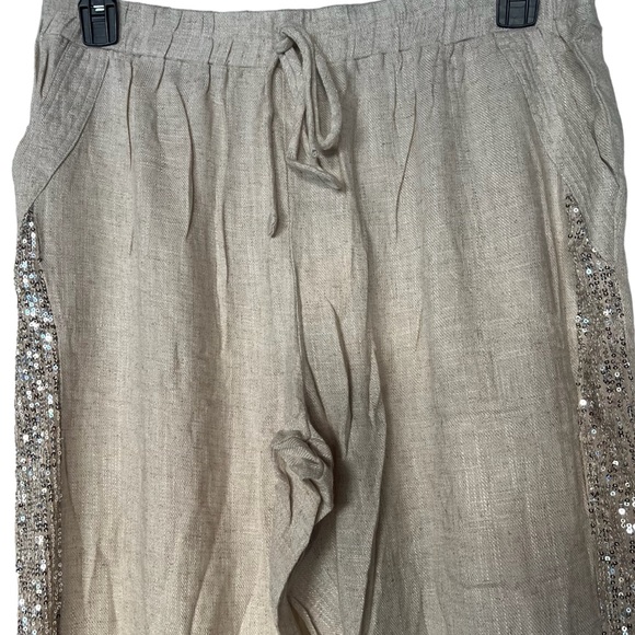 Umgee Beige Linen- Cotton Blend Sequins Pull on Jogger Pants - Picture 3 of 9